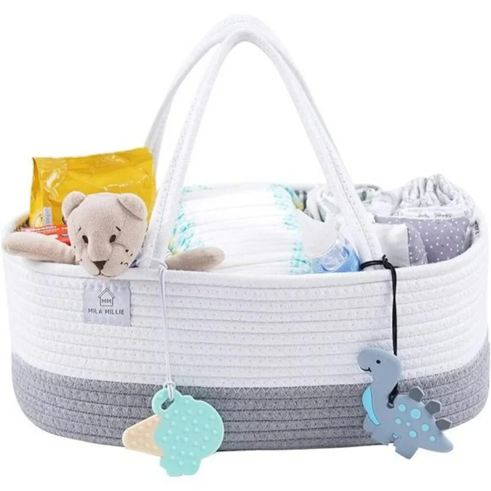 XXL Cotton Rope Diaper Caddy Extra Large Baby Nursery Storage Bin with Divider